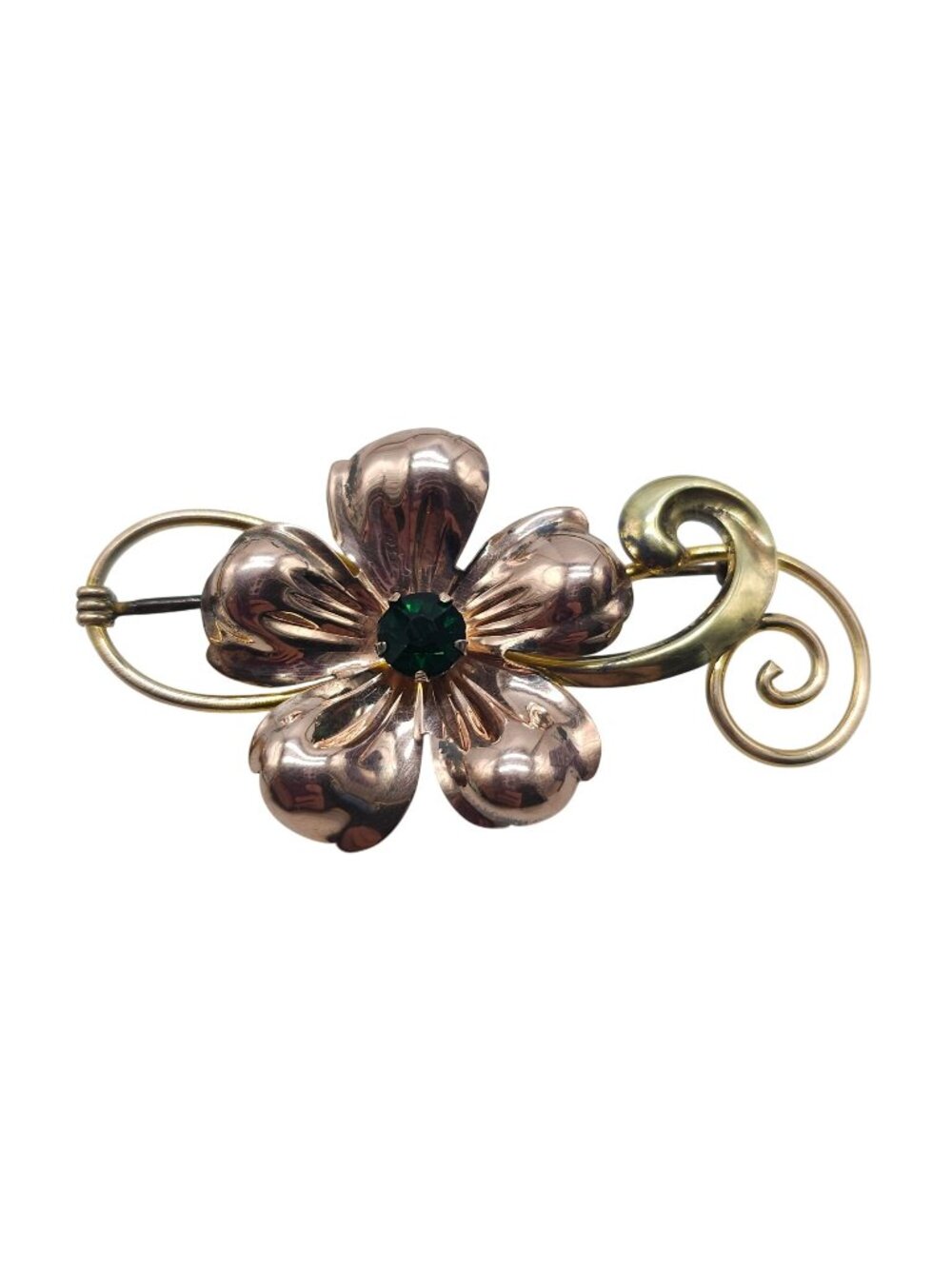 Van Dell Vintage 1/20 12K Gold Filled Floral Brooch Green Rhinestone Center Pin